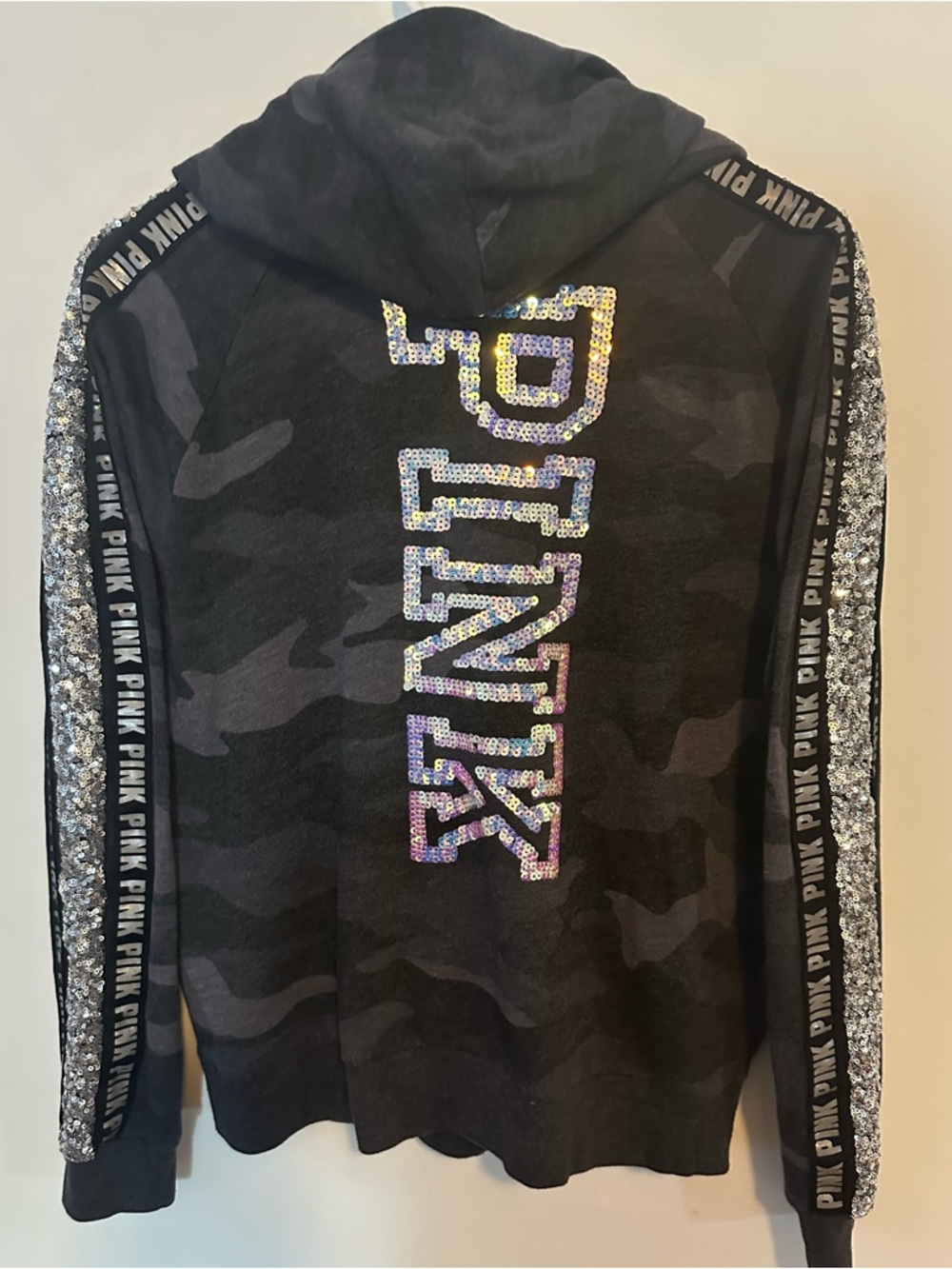 VS Pink Gray Sequin Bling Camouflage Hoodie M